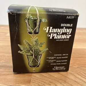 Vintage MCM Glassware by Brockway Double Hanging Planter With Rope Hanger NEW